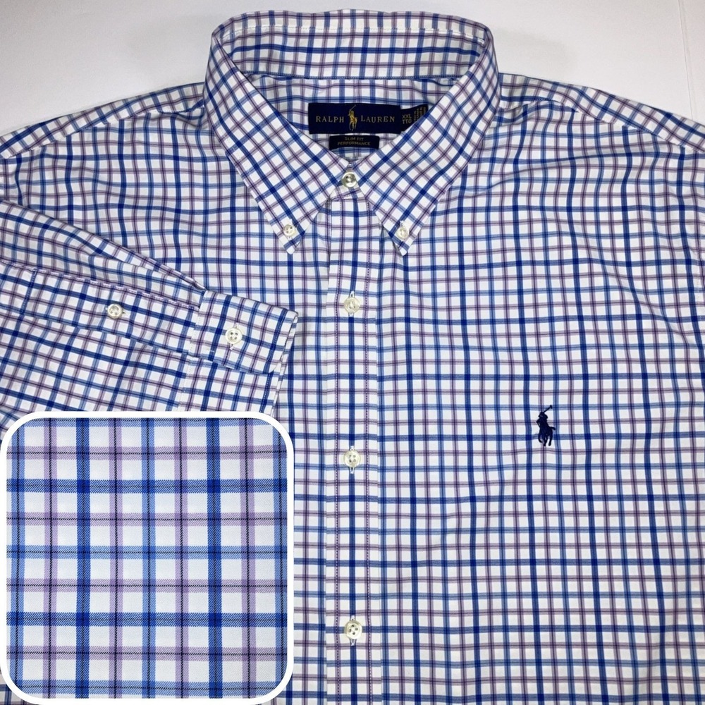 Polo Ralph Lauren Shirt Mens 2XL Slim Fit Performance Stretch Blue Pink Check